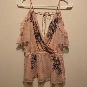 Express tan blouse with embroidered flowers